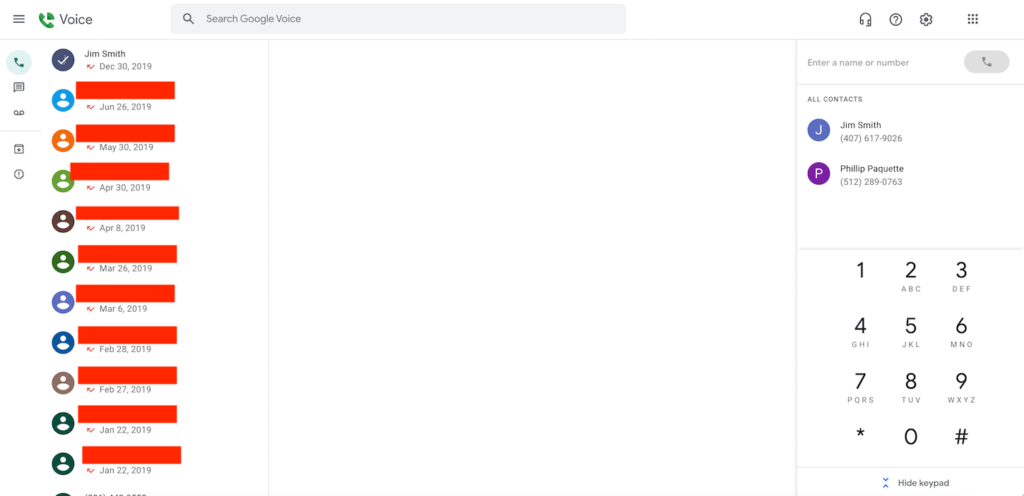 Ooma vs Google Voice: Screenshot of Google Voice's web app