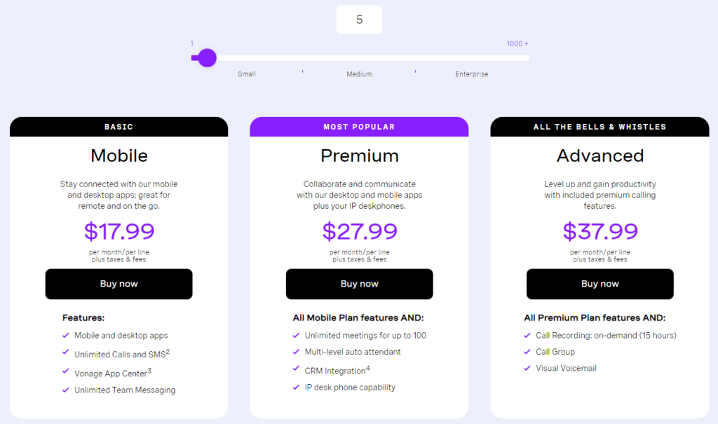 Google Voice vs Vonage: Vonage pricing