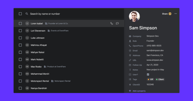 Organize business contacts in OpenPhone