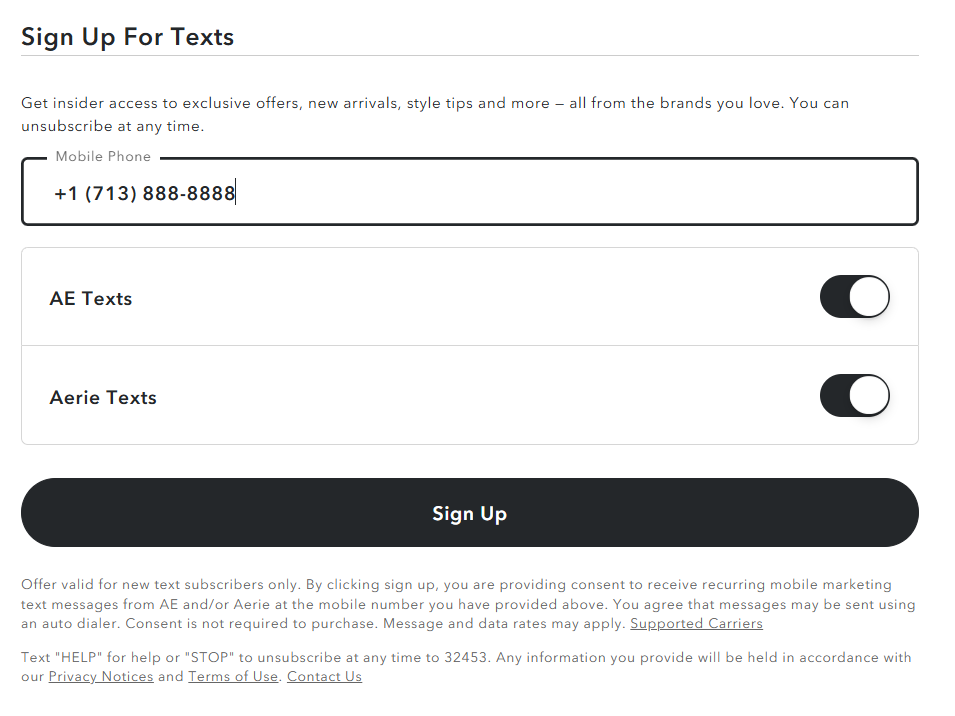 SMS consent: example of compliant web form from American Eagle