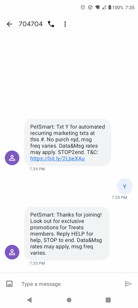 SMS consent: doubt opt-in text example from PetSmart