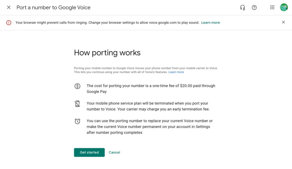 Port a number to Google Voice: Google Voice porting page