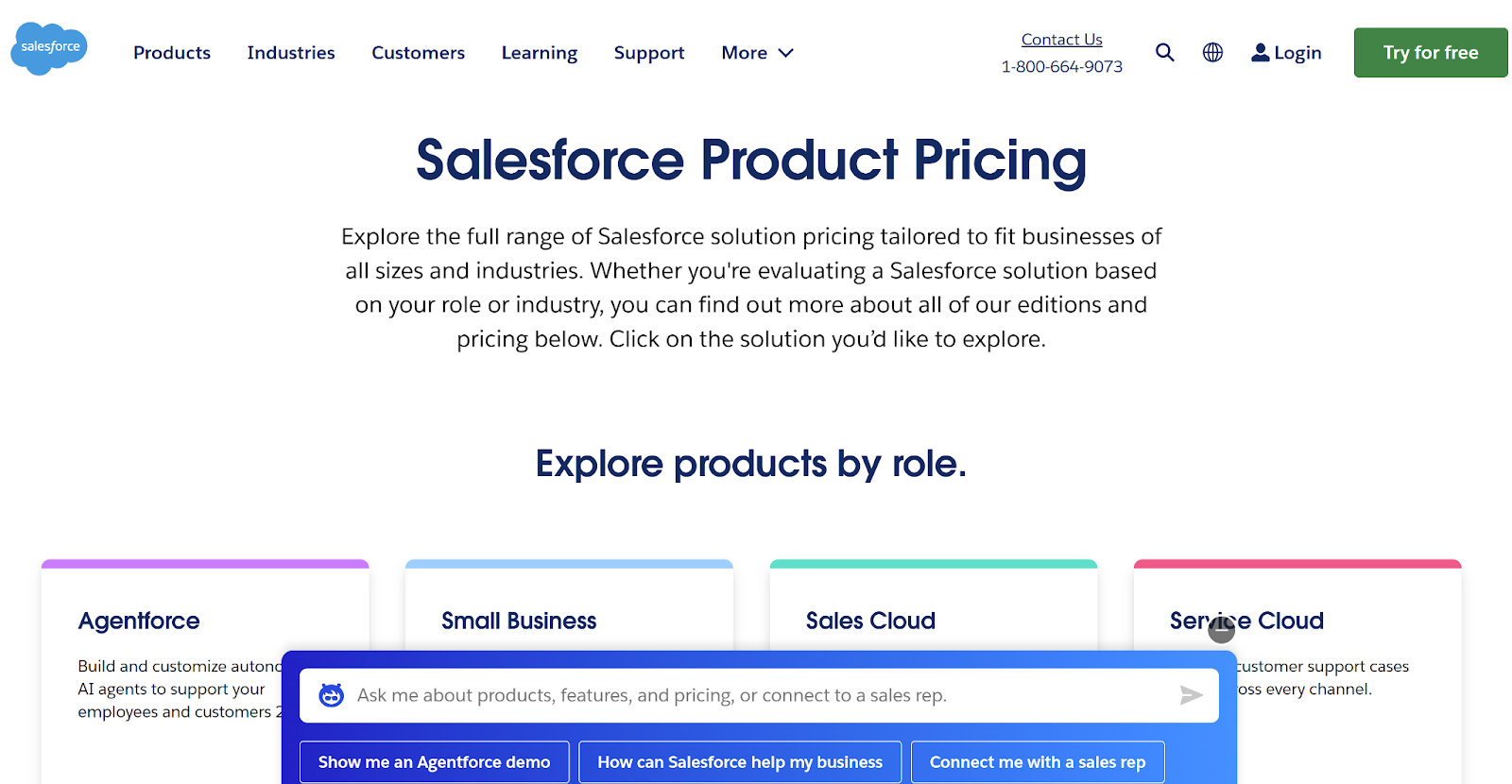Chat widget on Salesforce pricing page