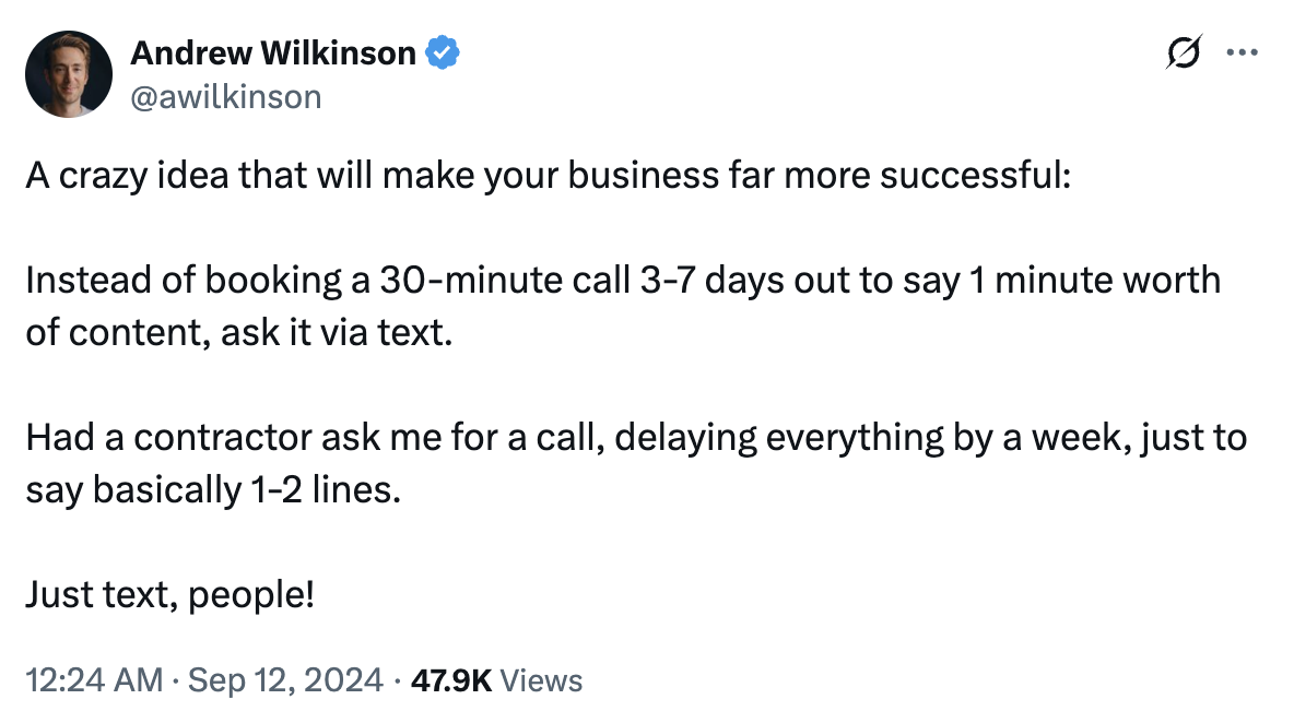 Screenshot of a post by Andrew Wilkinson on X about texting in sales