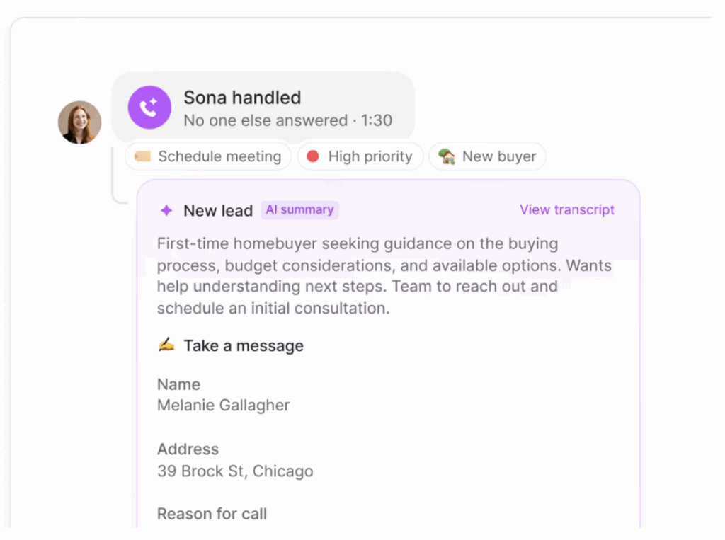 Image showing Quo’s AI voice agent, Sona, handling a call when no one else answered. The screen displays an AI-generated summary labeled “New lead,” with key details like the caller’s needs and contact information. This highlights how Sona can automatically take messages, qualify leads, and keep conversations moving even when the team is unavailable.