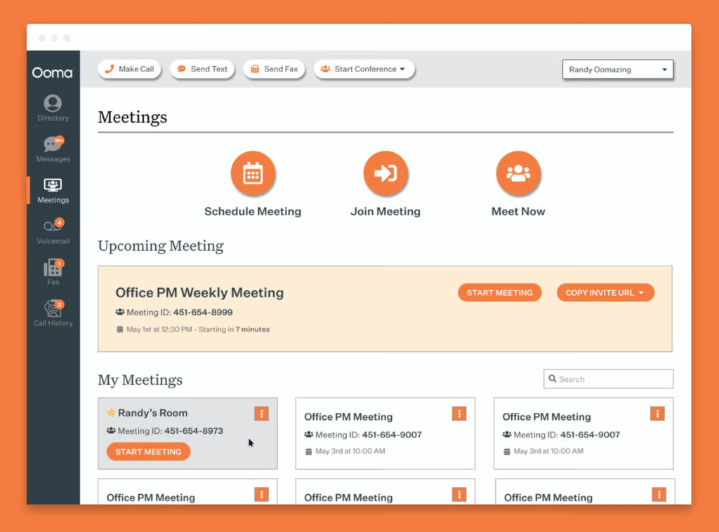 Google Voice alternatives: Ooma meetings dashboard