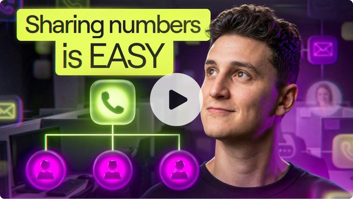Video thumbnail with play button showing how to set up shared numbers in Quo