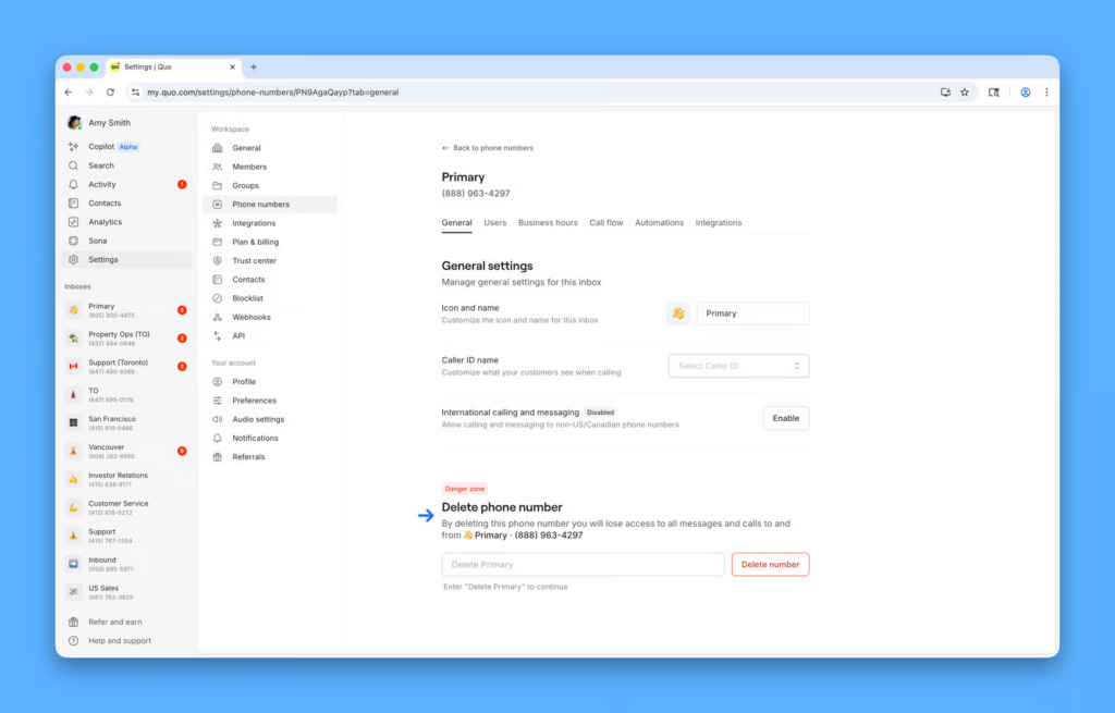 How to delete phone numbers on Quo